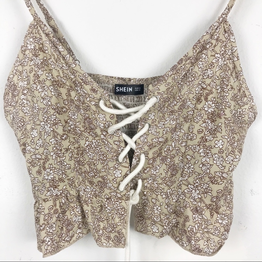 Shein Tan Floral Lace Up Crop Top - Picture 4 of 7